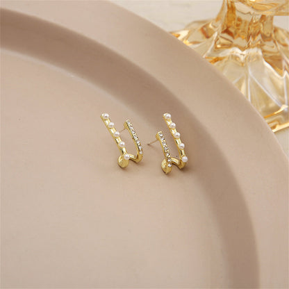 Cubic Zirconia and Pearl 18K Gold-Plated Geometric Stud Earrings, gold stud earrings for women, everyday style, side view