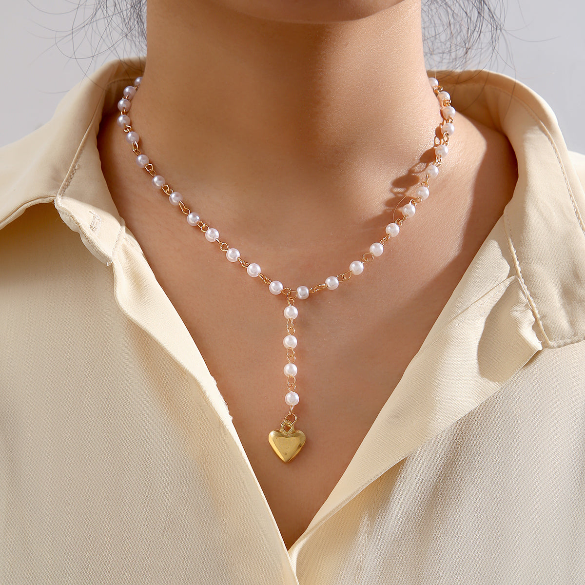 Pearl and 18K Gold-Plated Heart Station Lariat Necklace, gold pendant necklace for women, front view
