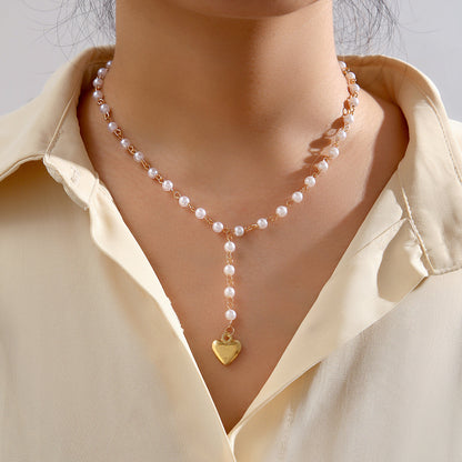 Pearl and 18K Gold-Plated Heart Station Lariat Necklace, gold pendant necklace for women, front view