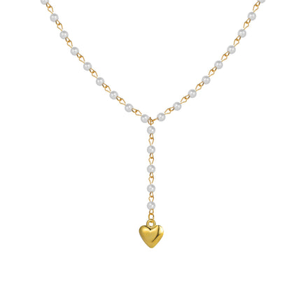 Pearl and 18K Gold-Plated Heart Station Lariat Necklace, gold pendant necklace for women, styled look