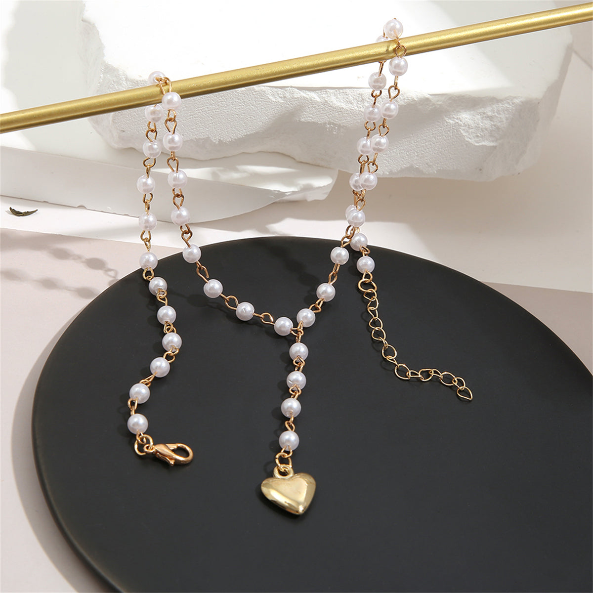 Pearl and 18K Gold-Plated Heart Station Lariat Necklace, gold pendant necklace for women, lifestyle look