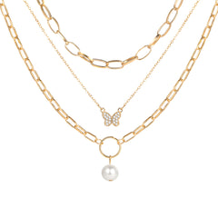 Cubic Zirconia & Pearl 18K Gold-Plated Butterfly Pendant Necklace Set