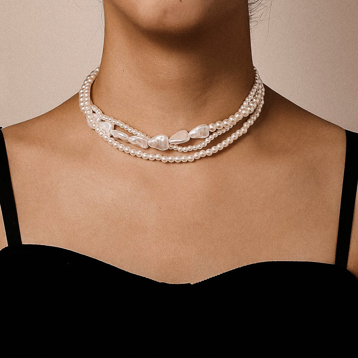 Pearl Layered Choker Necklace, pendant necklace for women, dainty minimalist design, front view