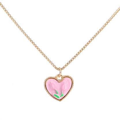 Pink Resin and 18K Gold-Plated Tulip Heart Pendant Necklace, gold pendant necklace for women, front view
