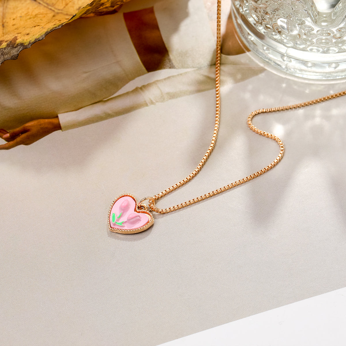 Pink Resin and 18K Gold-Plated Tulip Heart Pendant Necklace, gold pendant necklace for women, lifestyle look