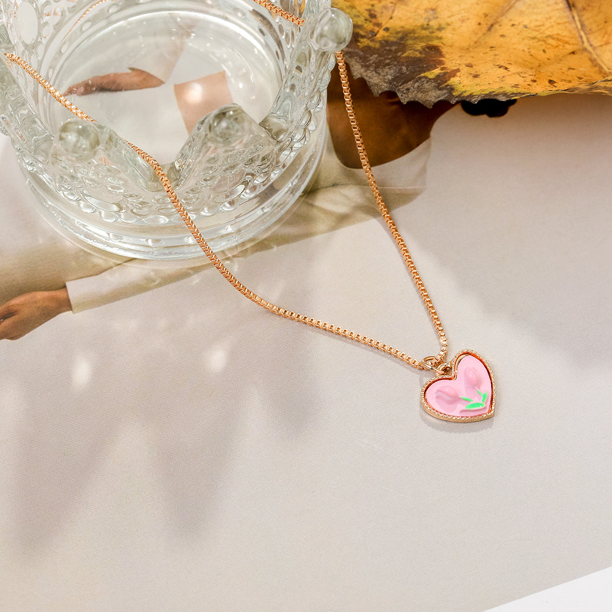 Pink Resin and 18K Gold-Plated Tulip Heart Pendant Necklace, gold pendant necklace for women, side view
