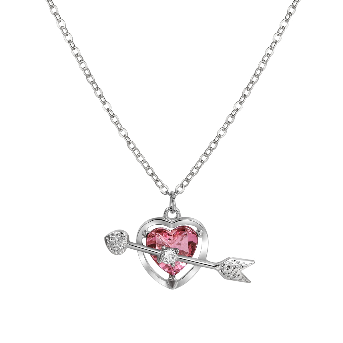 Red Crystal and Cubic Zirconia Openwork Heart Arrow Pendant Necklace, pendant necklace for women, front view