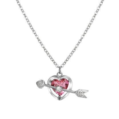 Red Crystal and Cubic Zirconia Openwork Heart Arrow Pendant Necklace, pendant necklace for women, front view
