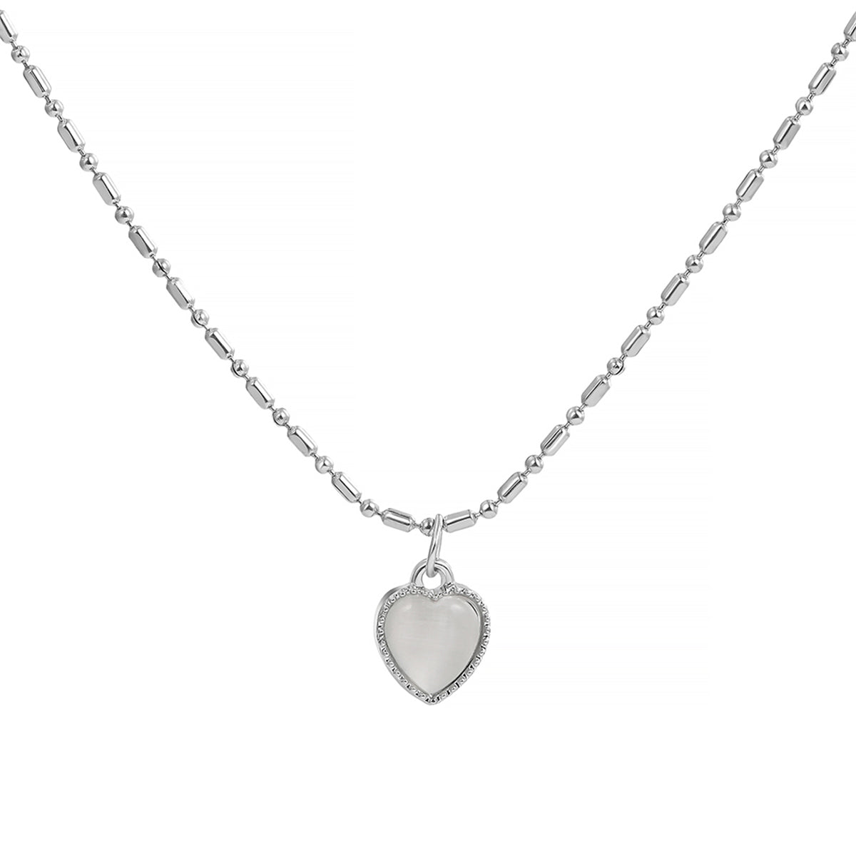 Moonstone and Silver-Plated Heart Pendant Necklace, silver pendant necklace for women, botanical inspired, front view