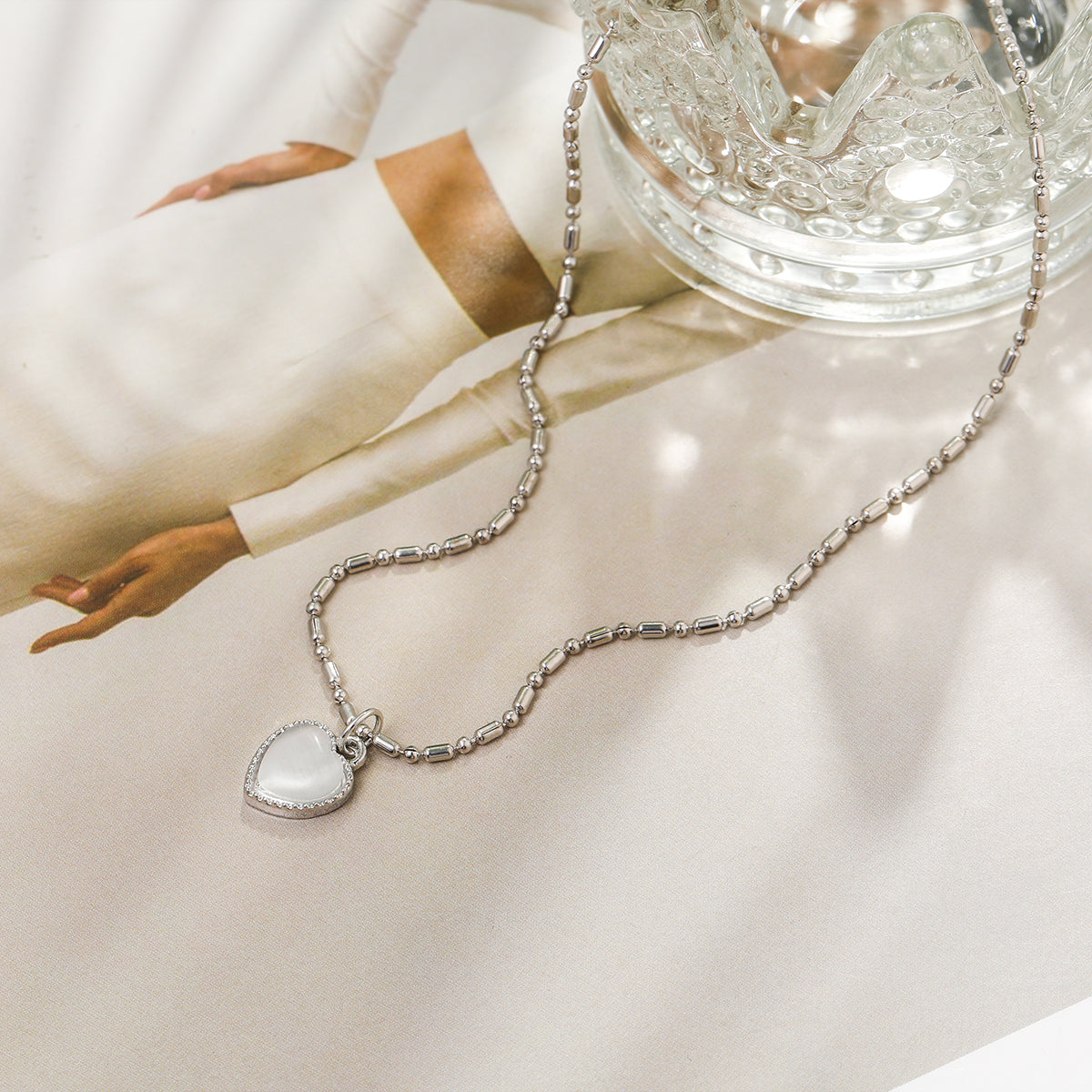 Moonstone and Silver-Plated Heart Pendant Necklace, silver pendant necklace for women, botanical inspired, lifestyle look