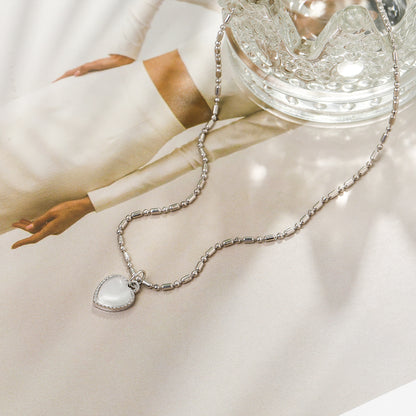 Moonstone and Silver-Plated Heart Pendant Necklace, silver pendant necklace for women, botanical inspired, lifestyle look