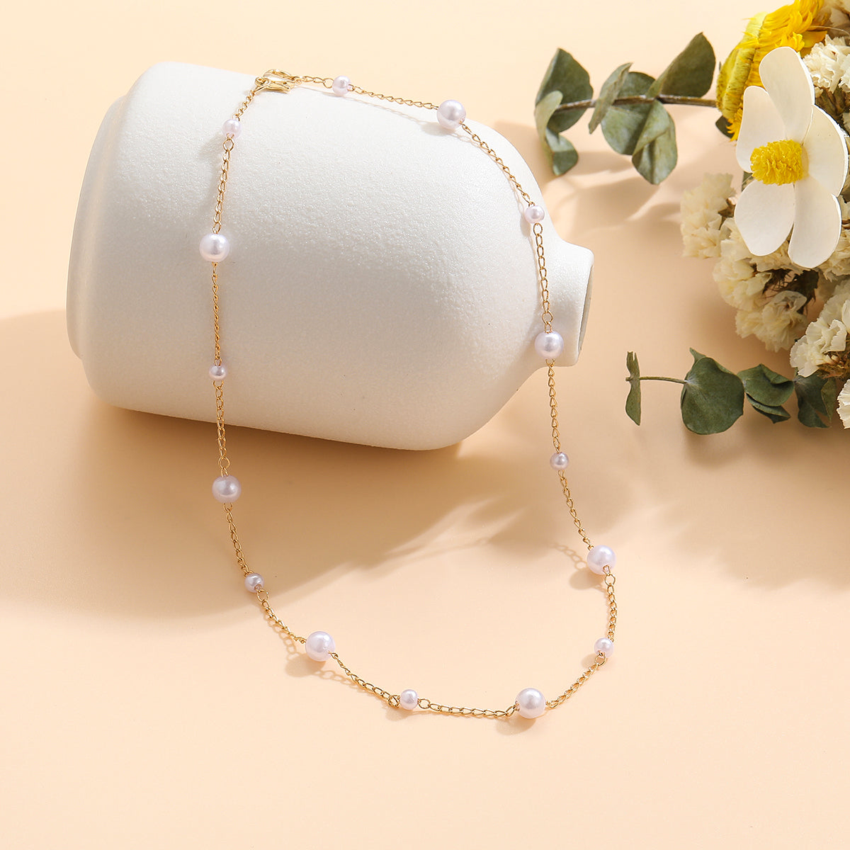 Pearl and 18K Gold-Plated Beads Chain Station Necklace, gold pendant necklace for women, dainty minimalist design, front view
