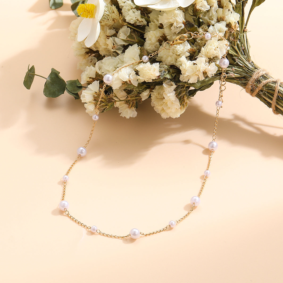 Pearl and 18K Gold-Plated Beads Chain Station Necklace, gold pendant necklace for women, dainty minimalist design, side view