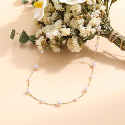 Pearl and 18K Gold-Plated Beads Chain Station Necklace, gold pendant necklace for women, dainty minimalist design, side view