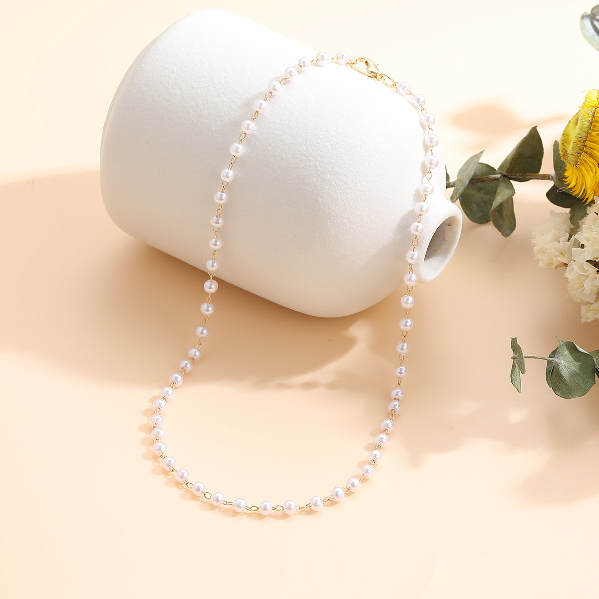 Pearl and 18K Gold-Plated Chain Necklace, gold pendant necklace for women, vintage-inspired design, front view