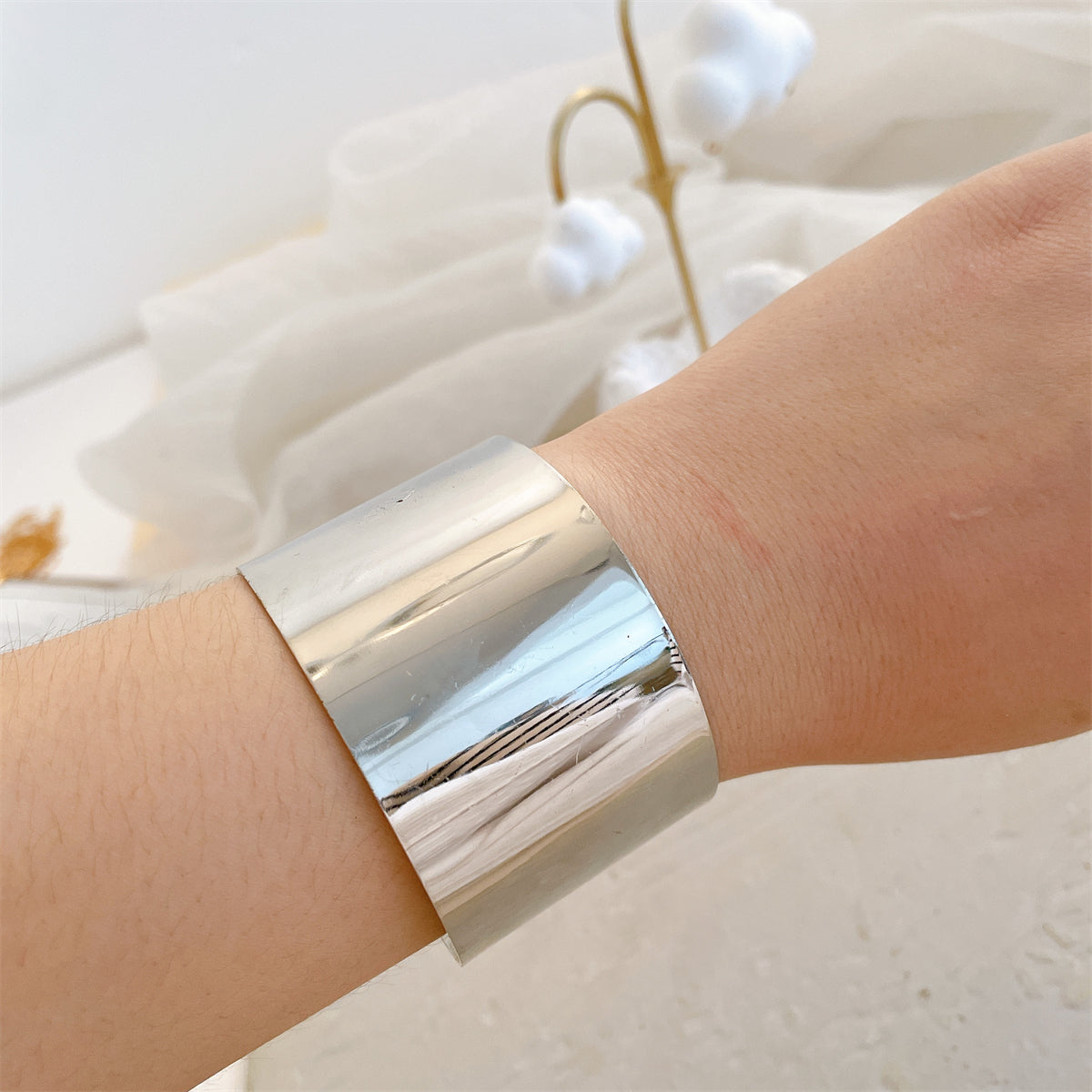 Silver-Plated Chain Wide Cuff, silver bracelet for women, everyday style, front view