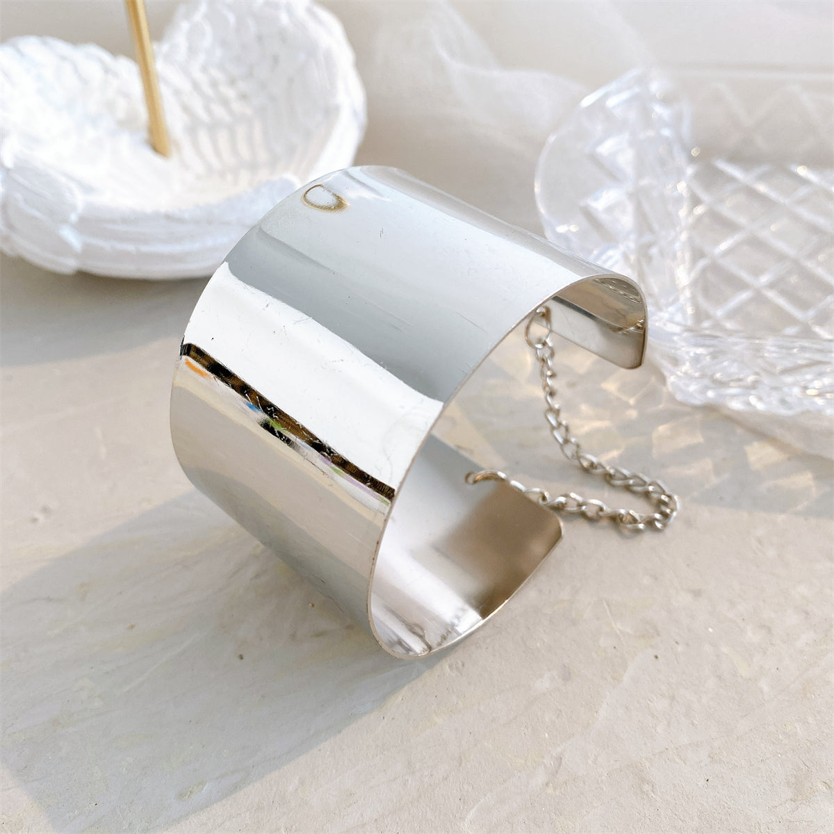Silver-Plated Chain Wide Cuff, silver bracelet for women, everyday style, lifestyle look