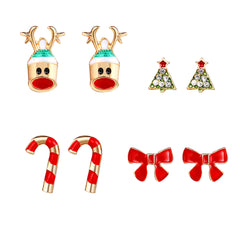 Red Enamel & Cubic Zirconia Reindeer Christmas Tree Stud Earrings Set