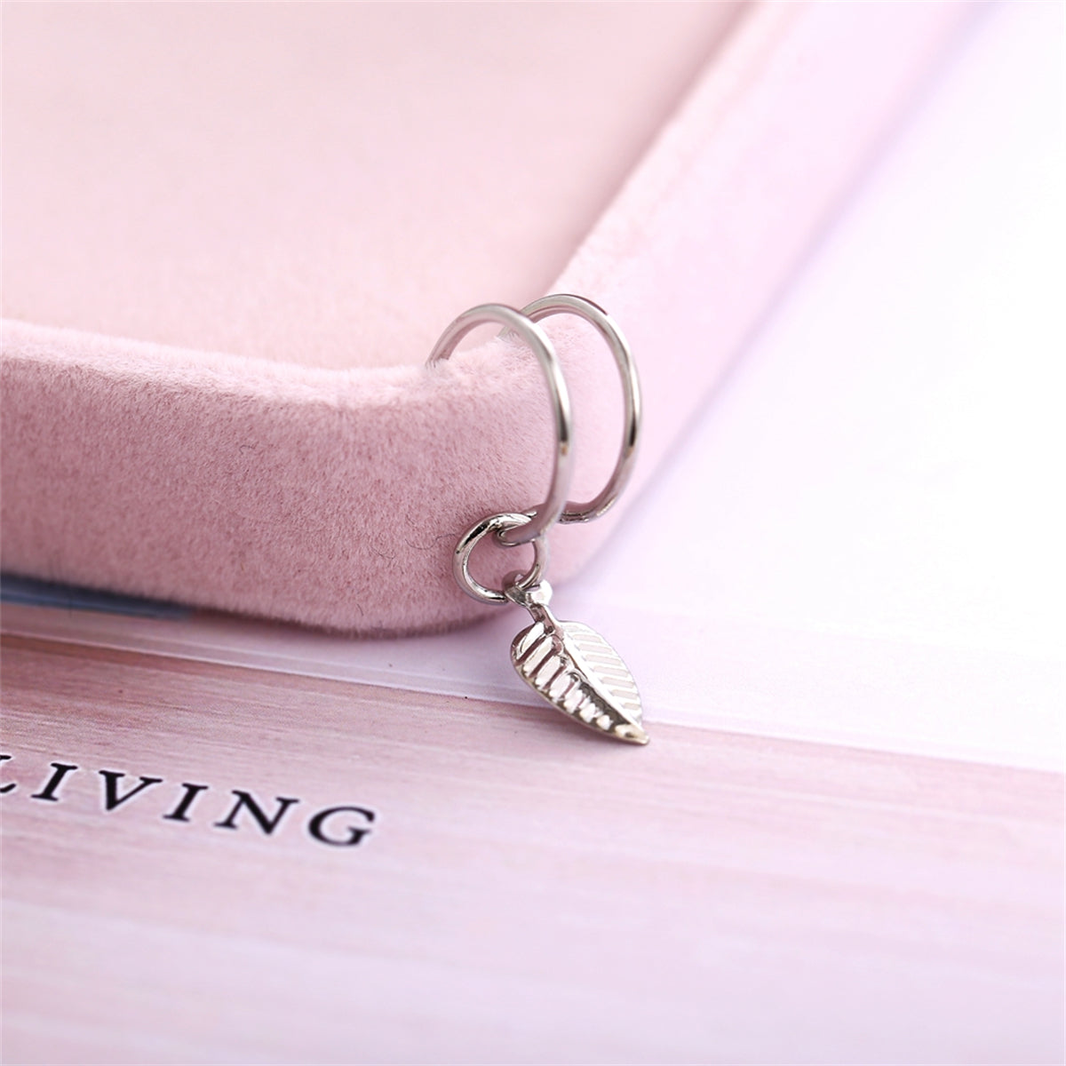 Silver-Plated Leaf Charm Ear Cuff, silver drop earrings for women, elegant gift for her, detail close-up