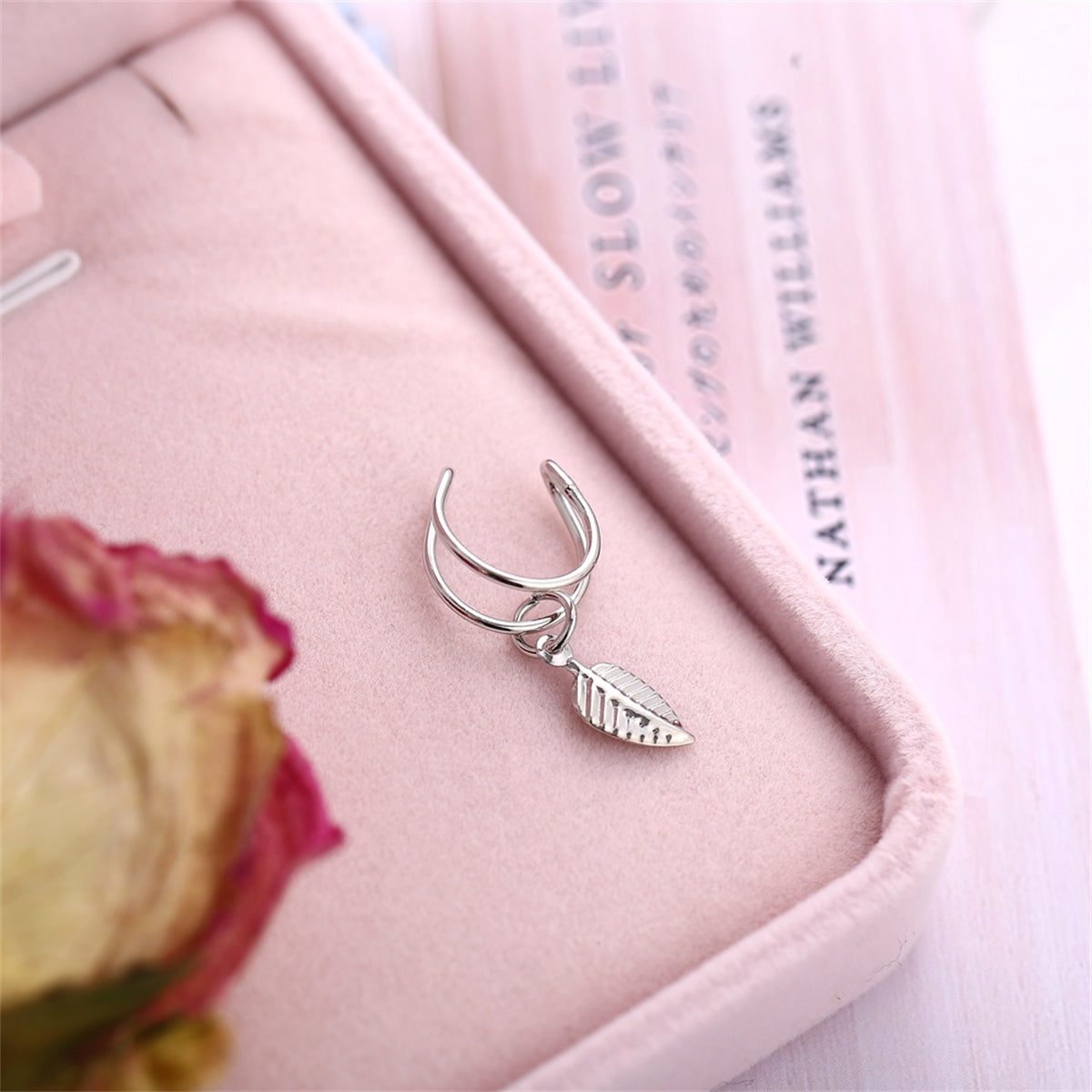 Silver-Plated Leaf Charm Ear Cuff, silver drop earrings for women, elegant gift for her, lifestyle look