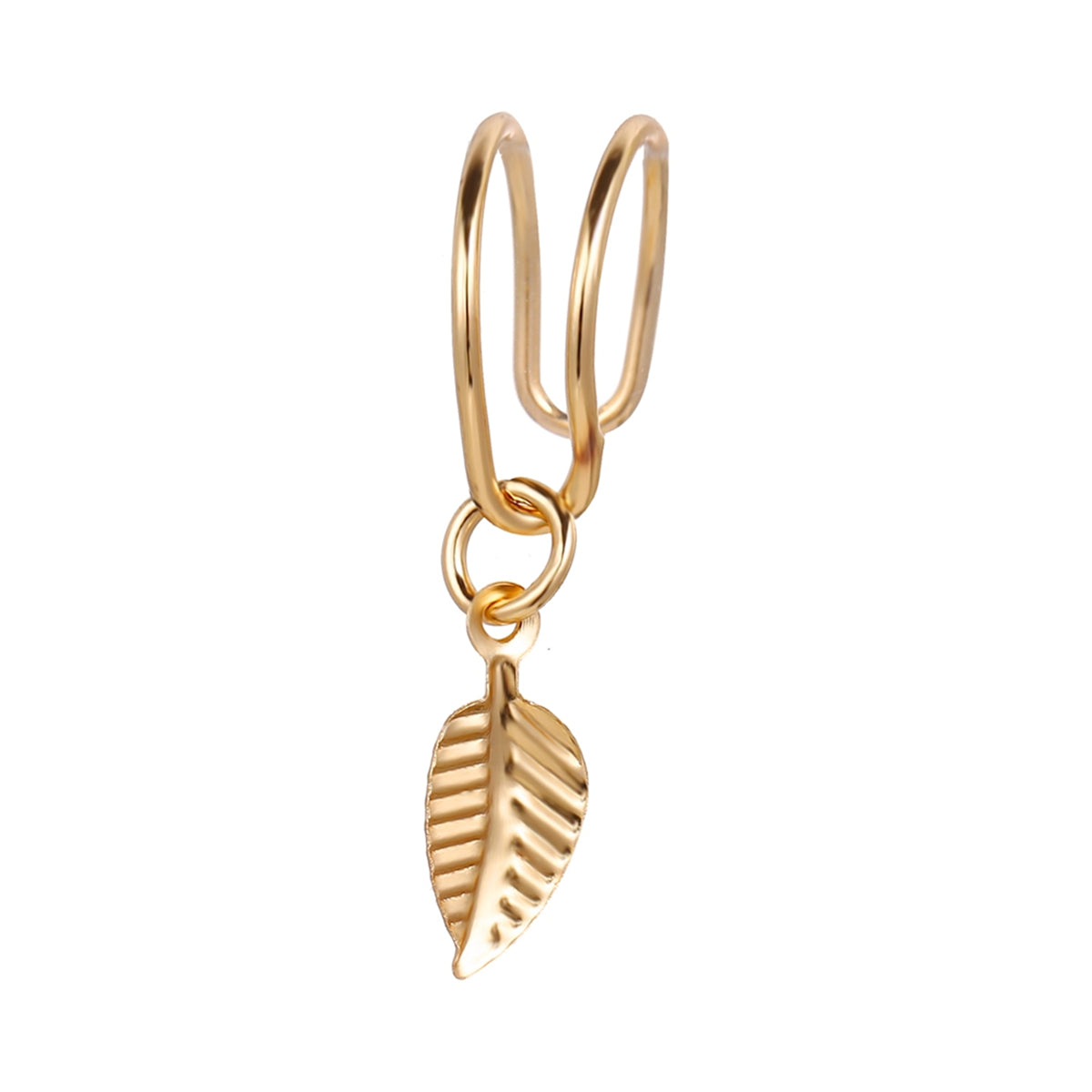 18K Gold-Plated Leaf Charm Ear Cuff, gold drop earrings for women, everyday style, front view