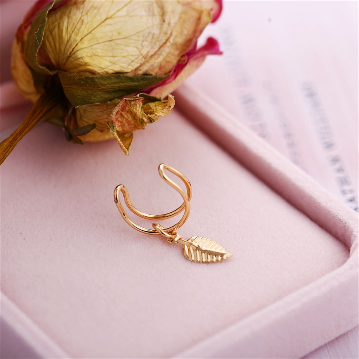 18K Gold-Plated Leaf Charm Ear Cuff, gold drop earrings for women, everyday style, side view