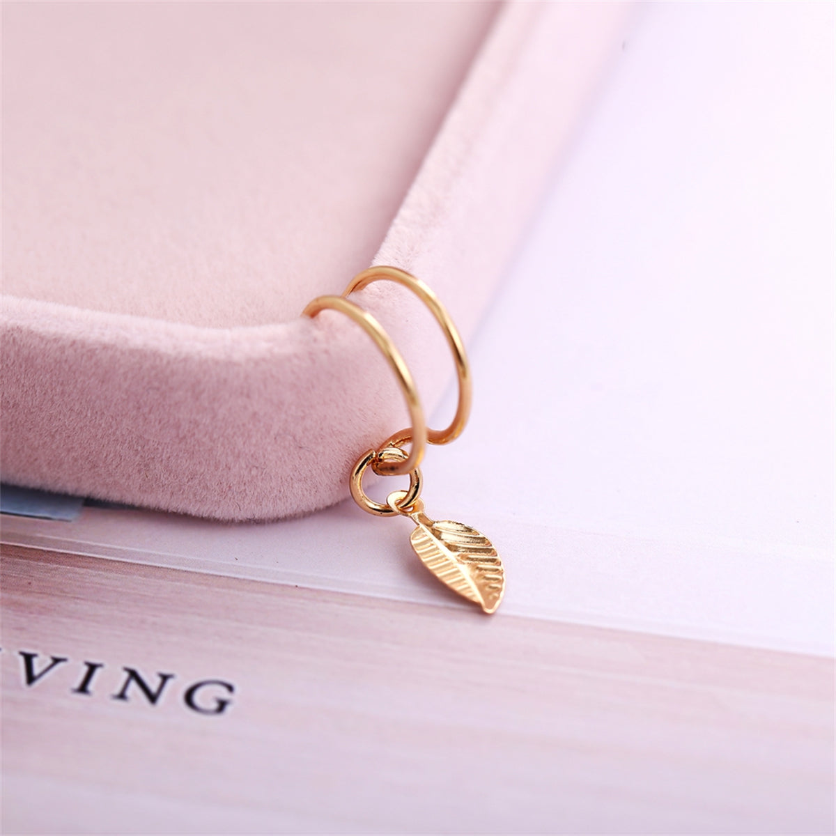 18K Gold-Plated Leaf Charm Ear Cuff, gold drop earrings for women, everyday style, detail close-up