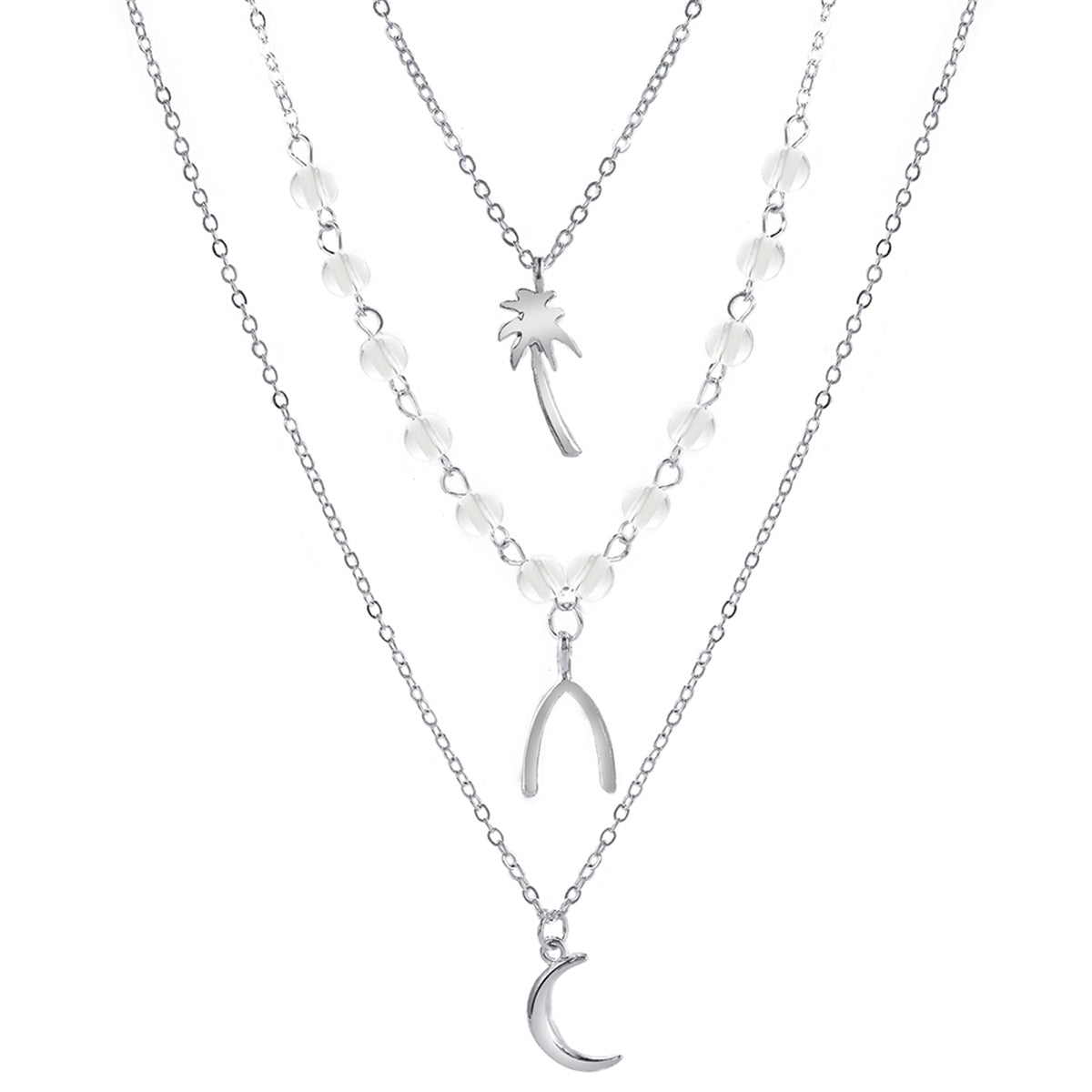 Silver-Plated Palm Tree & Moon Layered Pendant Necklace