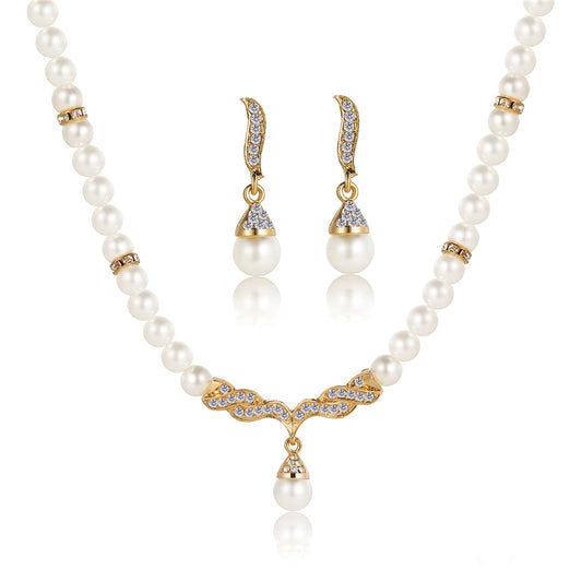 Pearl and Cubic Zirconia 18K Gold-Plated Drop Necklace and Earrings, gold drop earrings for women, front view