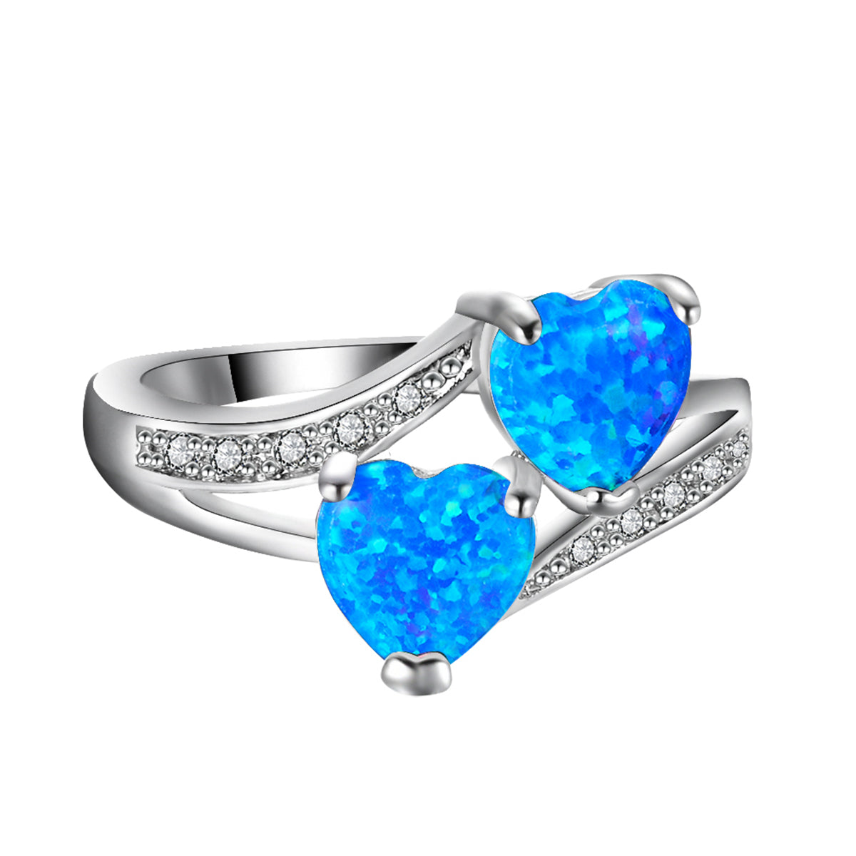 Blue Opal and Cubic Zirconia Double-Heart Ring, statement rings for women, elegant gift for her, lifestyle look
