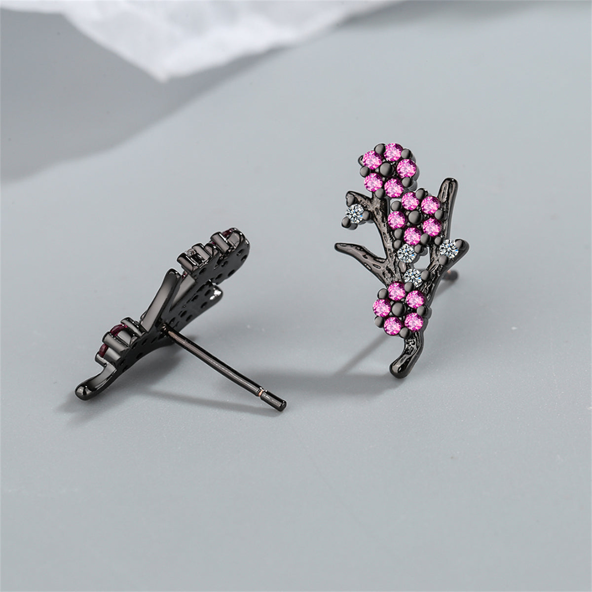 Cubic Zirconia & Black-Tone Plum Flower Stud Earrings