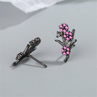 Cubic Zirconia & Black-Tone Plum Flower Stud Earrings