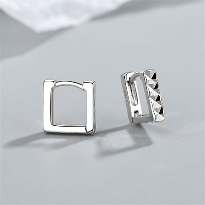 Silver-Plated Diamond-Cut Open Square Huggie Earrings, silver huggie earrings, botanical inspired, front view