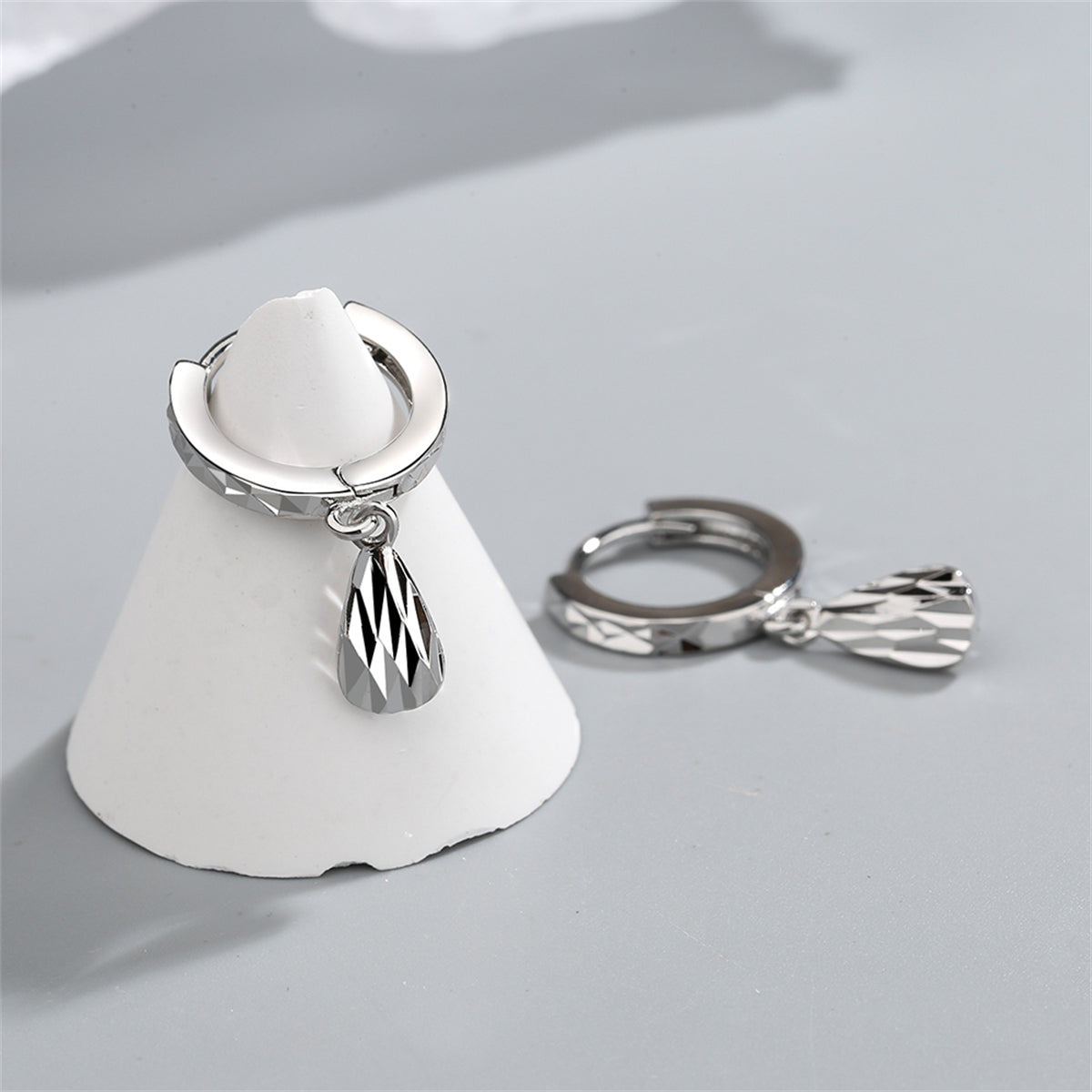 Silver-Plated Drop Huggie Earring, silver huggie earrings, elegant gift for her, side view