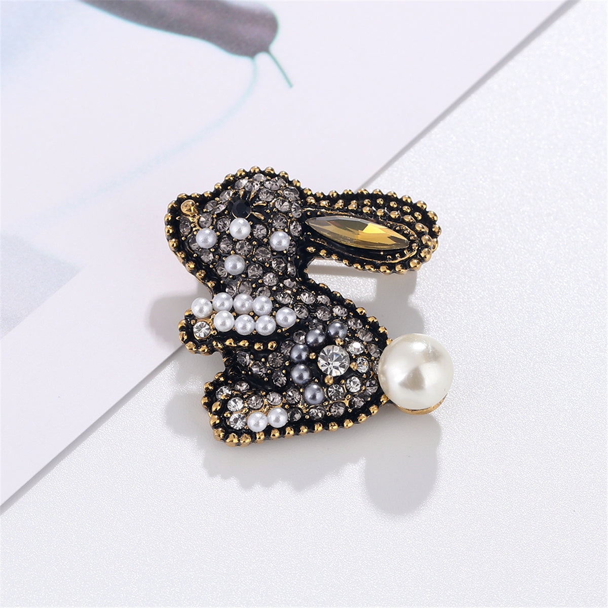 Gemstone and 18k Gold-Plated Rabbit Brooch, gold brooch pin, dainty minimalist design, detail close-up