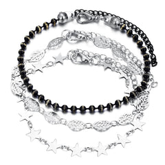 Black Acrylic & Silver-Plated Star Station Anklet Set