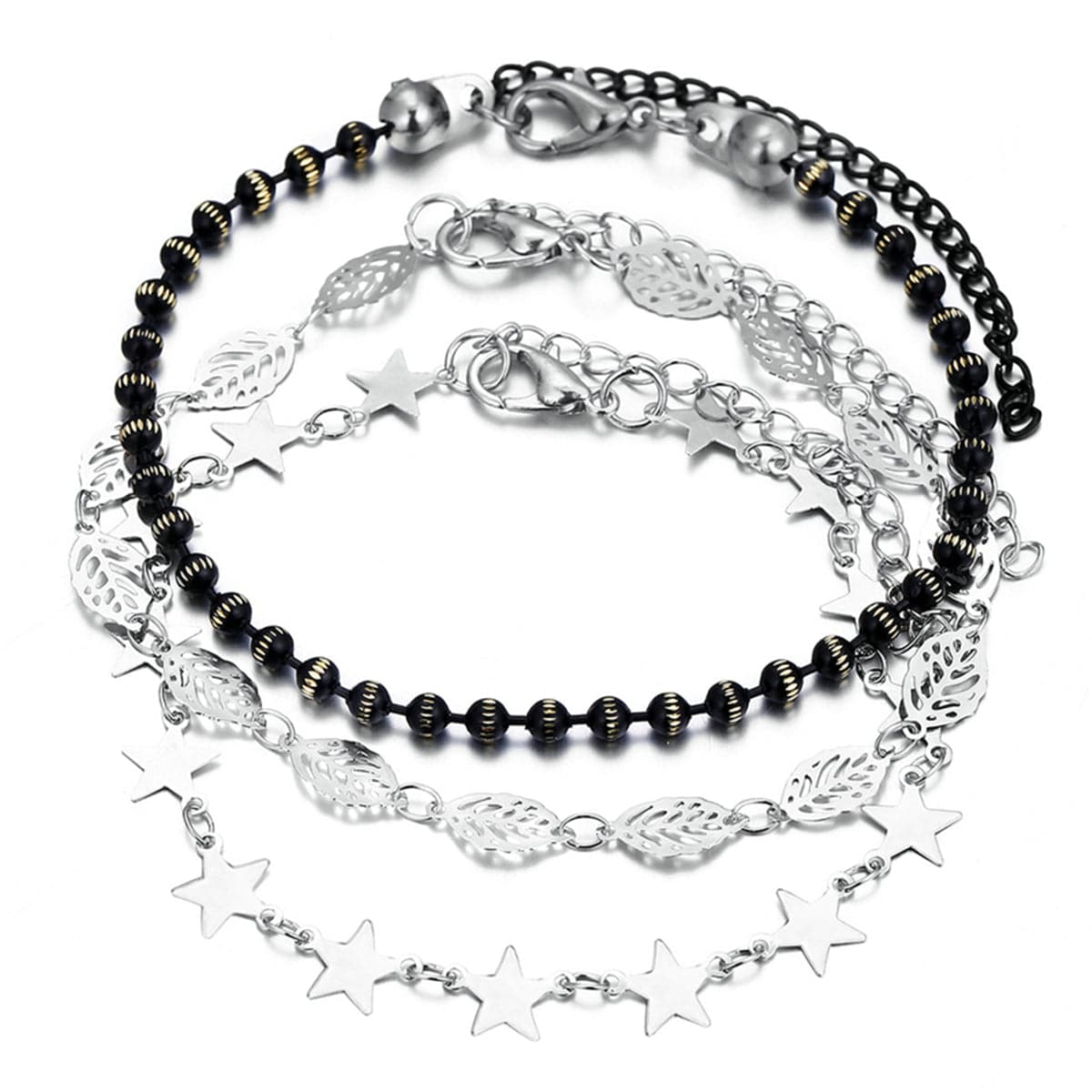 Black Acrylic & Silver-Plated Star Station Anklet Set