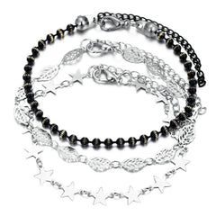 Black Acrylic & Silver-Plated Star Station Anklet Set