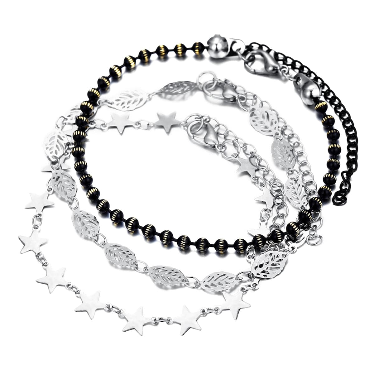 Black Acrylic & Silver-Plated Star Station Anklet Set