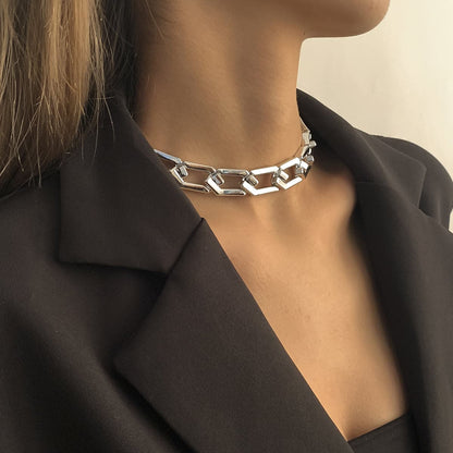 Silver-Plated Open Hexagon Choker Necklace, chunky silver choker necklace, botanical inspired, side view