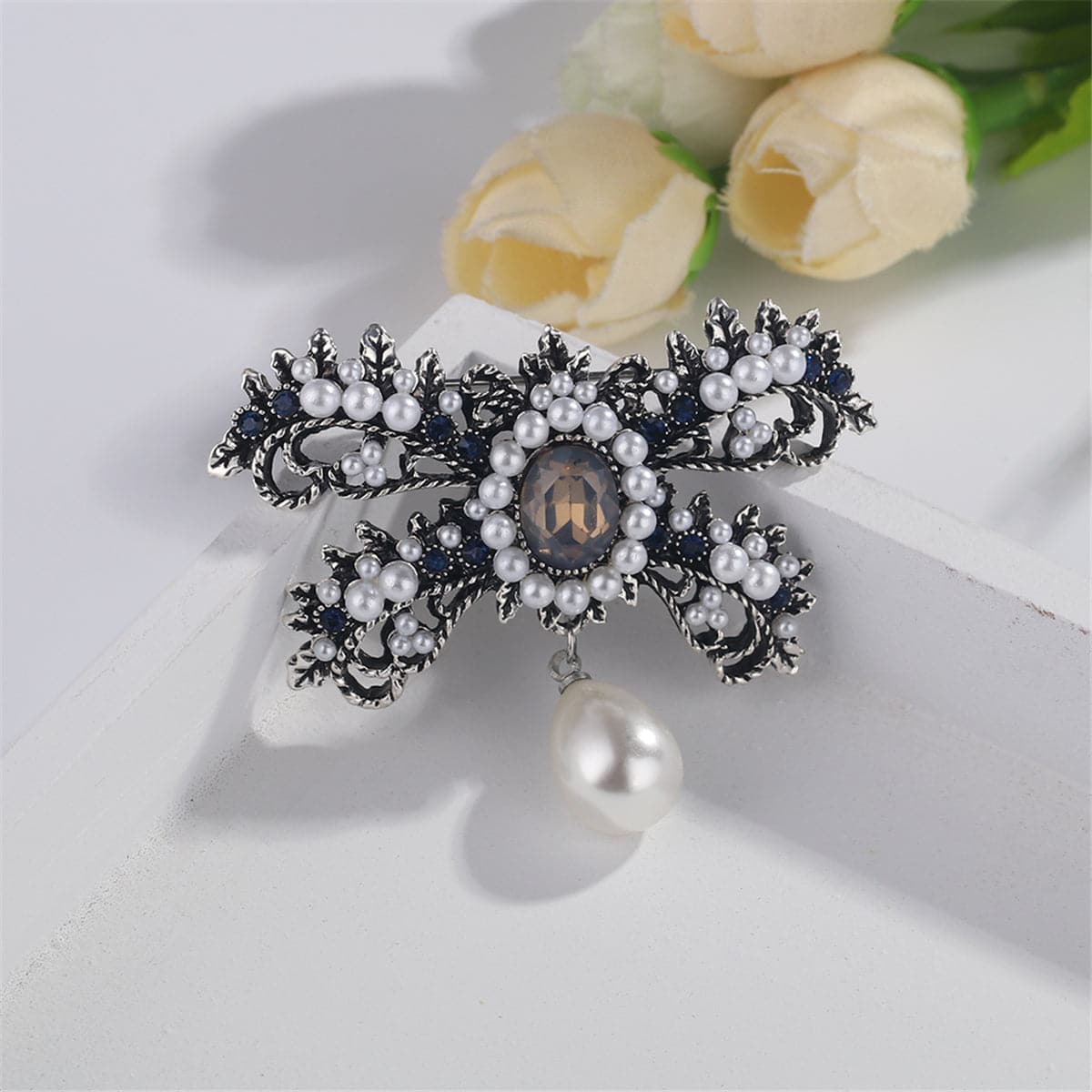Cubic Zirconia & Silver-Plated Bow Brooch