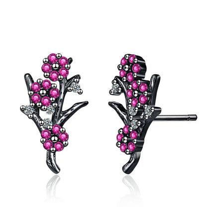 Cubic Zirconia and Black-Tone Plum Flower Stud Earrings, stud earrings for women, everyday style, side view