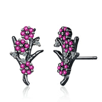 Cubic Zirconia & Black-Tone Plum Flower Stud Earrings