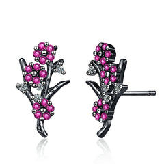 Cubic Zirconia & Black-Tone Plum Flower Stud Earrings