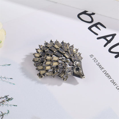 Cubic Zirconia and Silver-Plated Open Hedgehog Brooch, silver brooch pin, elegant gift for her, front view