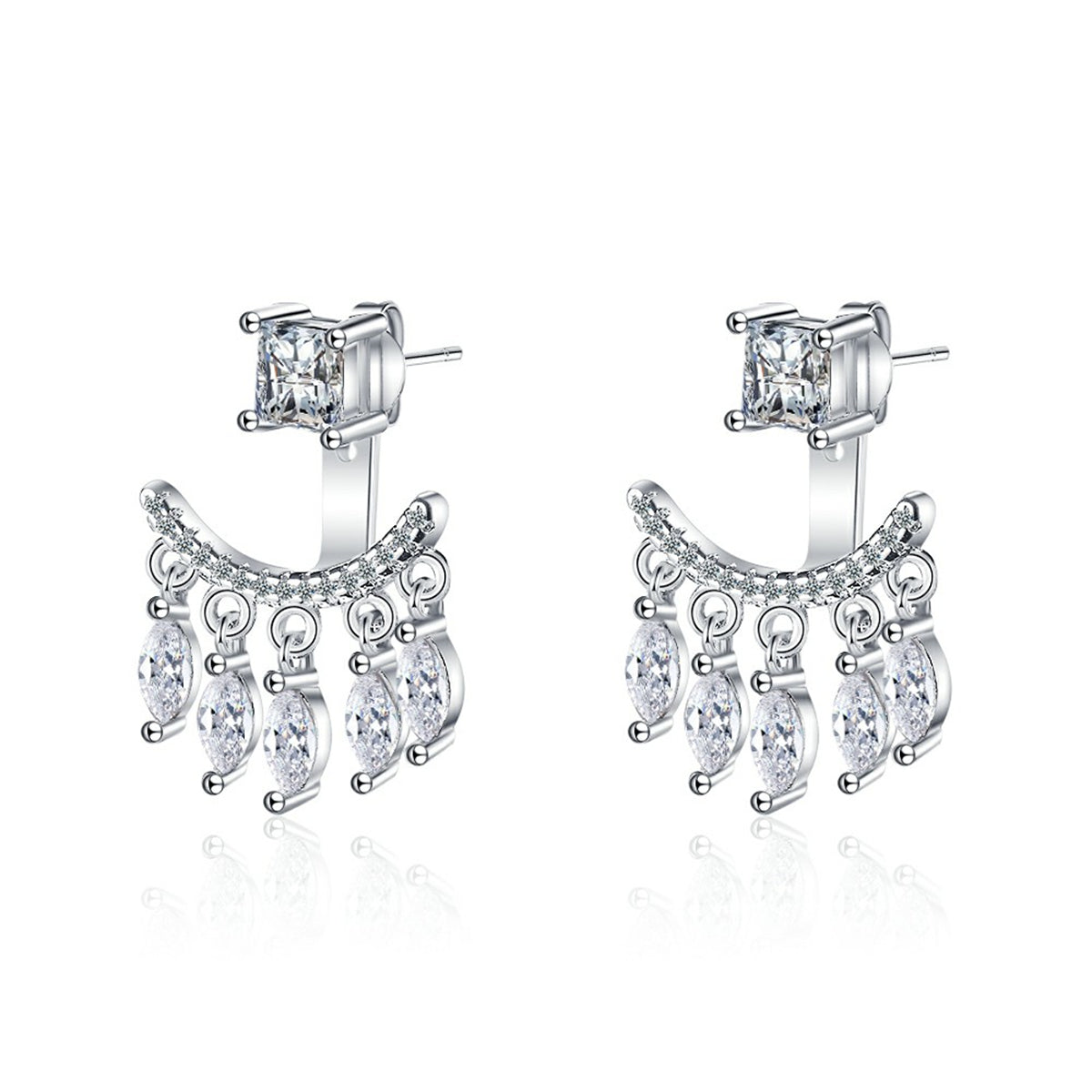 Cubic Zirconia and Silver-Plated Ear Jacket, silver drop earrings for women, vintage-inspired design, front view
