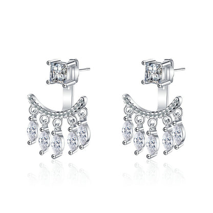 Cubic Zirconia and Silver-Plated Ear Jacket, silver drop earrings for women, vintage-inspired design, front view