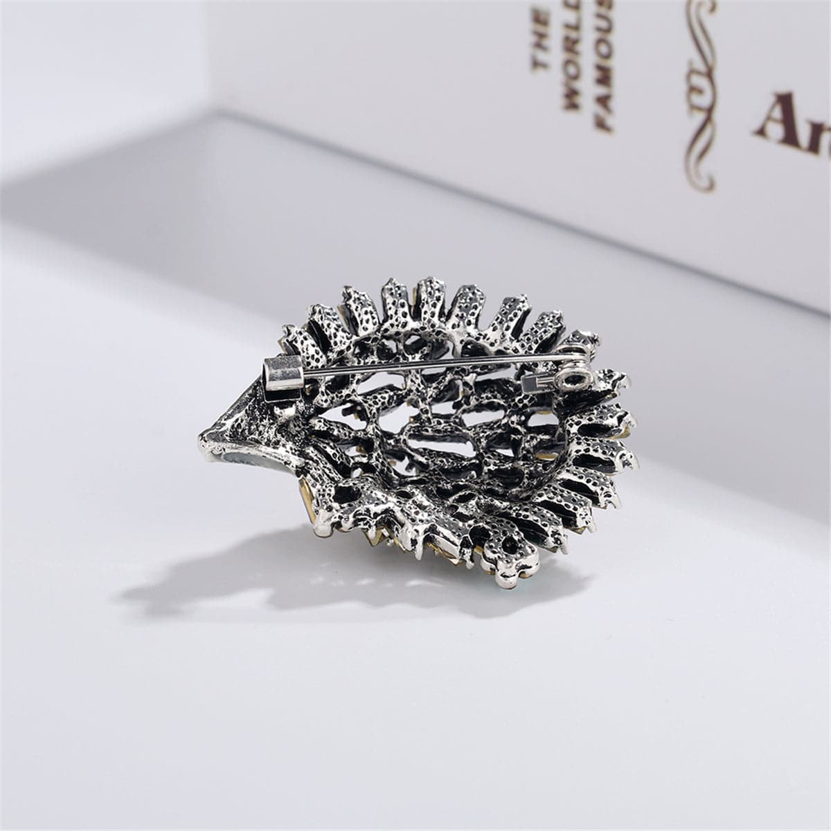 Cubic Zirconia and Silver-Plated Open Hedgehog Brooch, silver brooch pin, elegant gift for her, detail close-up
