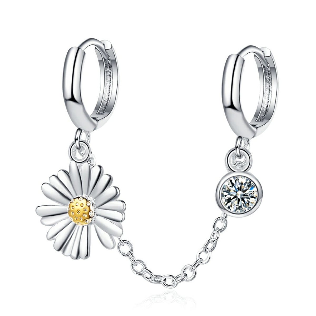 Cubic Zirconia and Two-Tone Mum Chain Huggie Earring, huggie earrings, botanical inspired, side view