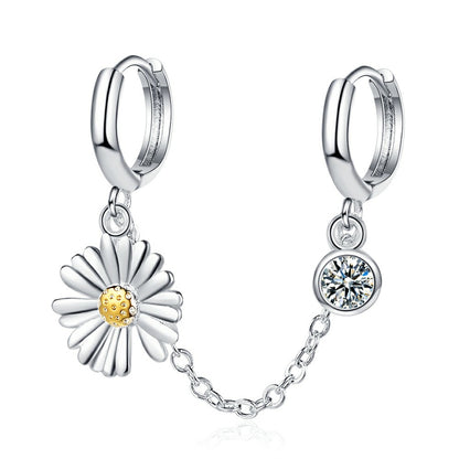 Cubic Zirconia and Two-Tone Mum Chain Huggie Earring, huggie earrings, botanical inspired, side view